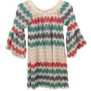 VTG Zig Zag‎ Lace Open Knit Bell Sleeve Shirt Woodstock Hippie Resort Medium USA